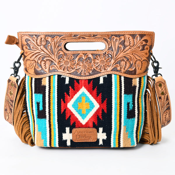 LC-ADBGS146 Southwestern Crossbody Bag - Hand-Tooled Leather & Wool Blend