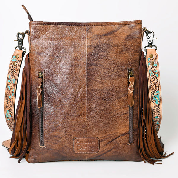 ADBG256 American Darling Messenger Bag - Hand Tooled Floral Leather & Hair-On Cowhide Purse