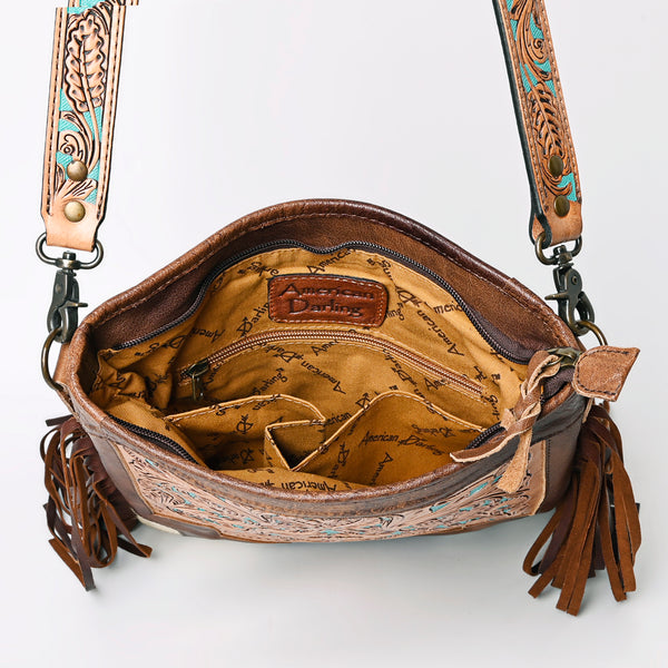 ADBG256 American Darling Messenger Bag - Hand Tooled Floral Leather & Hair-On Cowhide Purse
