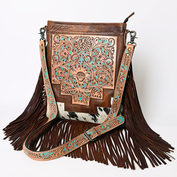 ADBG256 American Darling Messenger Bag - Hand Tooled Floral Leather & Hair-On Cowhide Purse