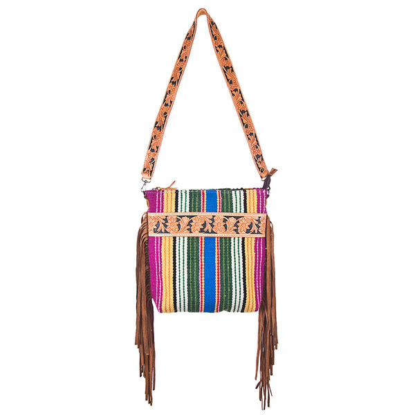 ADBG216 American Darling Large Cross body Bag - Hand Tooled Floral Leather & Woven Saddle Blanket