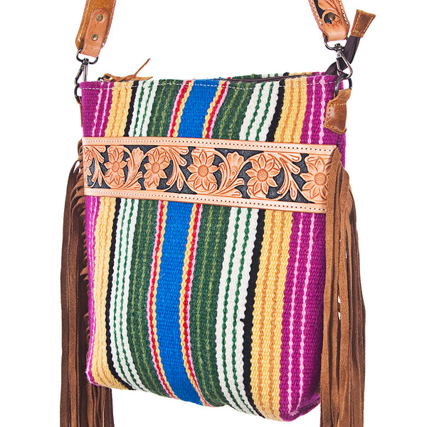 ADBG216 American Darling Large Cross body Bag - Hand Tooled Floral Leather & Woven Saddle Blanket