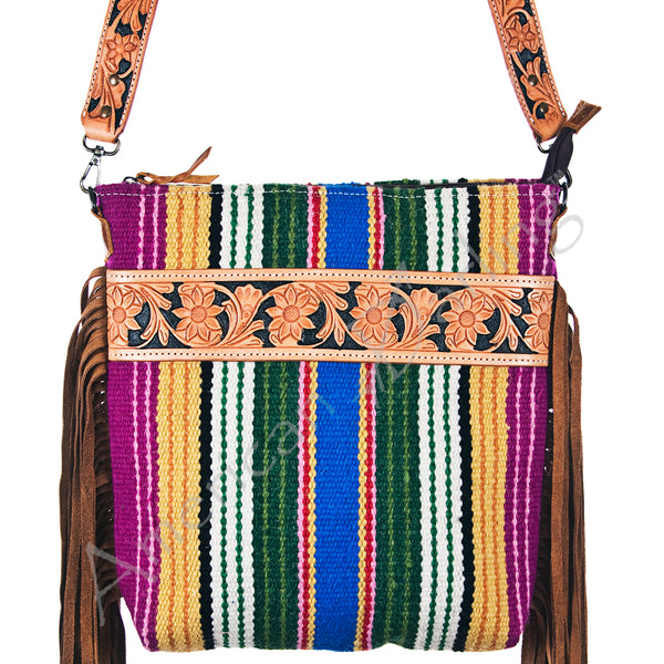 ADBG216 American Darling Large Cross body Bag - Hand Tooled Floral Leather & Woven Saddle Blanket