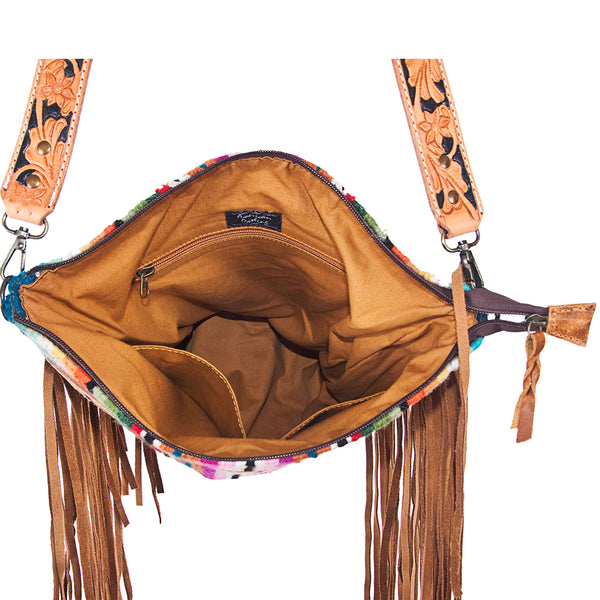 ADBG216 American Darling Large Cross body Bag - Hand Tooled Floral Leather & Woven Saddle Blanket
