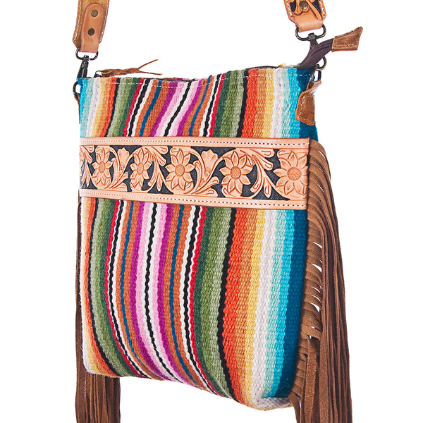 ADBG216 American Darling Large Cross body Bag - Hand Tooled Floral Leather & Woven Saddle Blanket