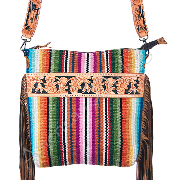 ADBG216 American Darling Large Cross body Bag - Hand Tooled Floral Leather & Woven Saddle Blanket