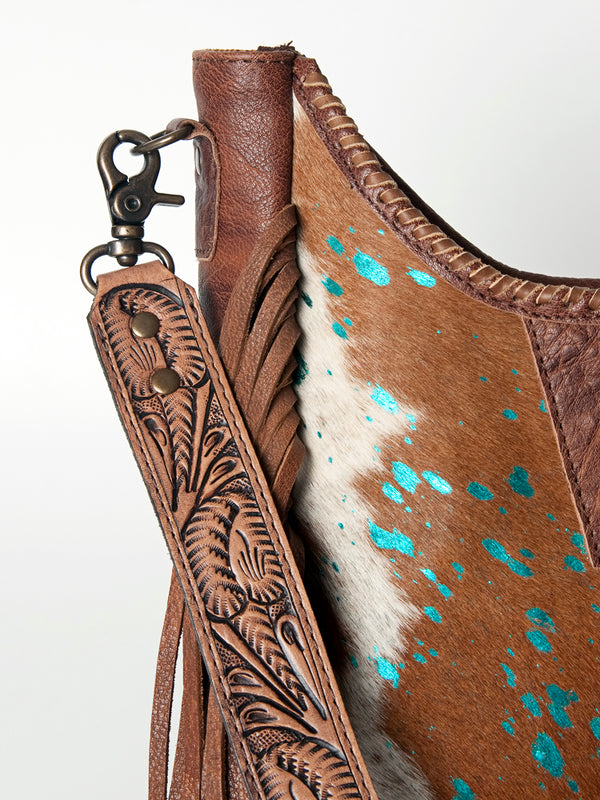 ADBG351 American Darling Western Leather Crossbody Bag with Hair-On Cowhide and Hand Tooled Strap