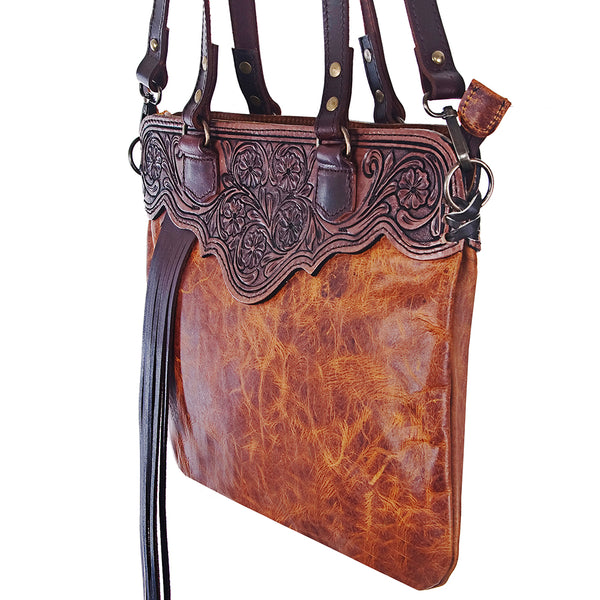 ADBG357 American Darling Hand Tooled Leather Small Cross body Bag with Western Fringes
