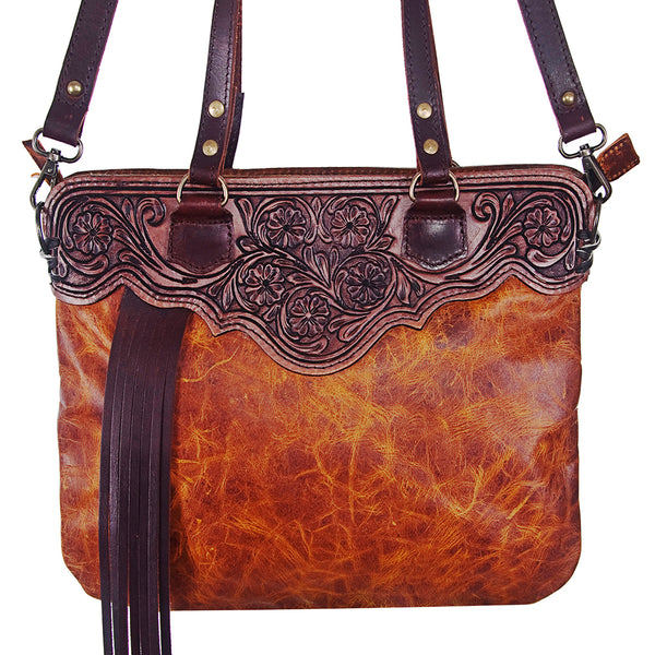 ADBG357 American Darling Hand Tooled Leather Small Cross body Bag with Western Fringes