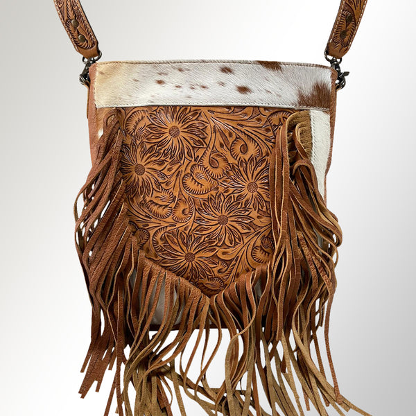 ADBG380 American Darling Hand Tooled Leather Messenger Bag with Hair-On Cowhide & Fringes