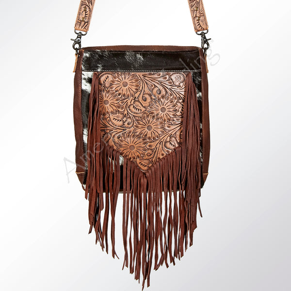 ADBG380 American Darling Hand Tooled Leather Messenger Bag with Hair-On Cowhide & Fringes