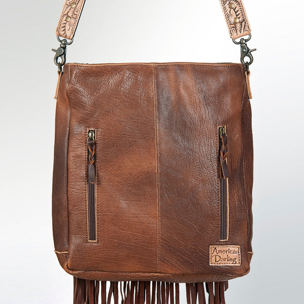 ADBG380 American Darling Hand Tooled Leather Messenger Bag with Hair-On Cowhide & Fringes