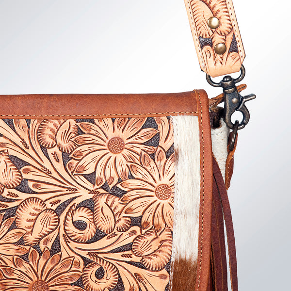 ADBG381 Floral Tooled Leather & Cowhide Messenger Bag with Fringe and Wide Strap