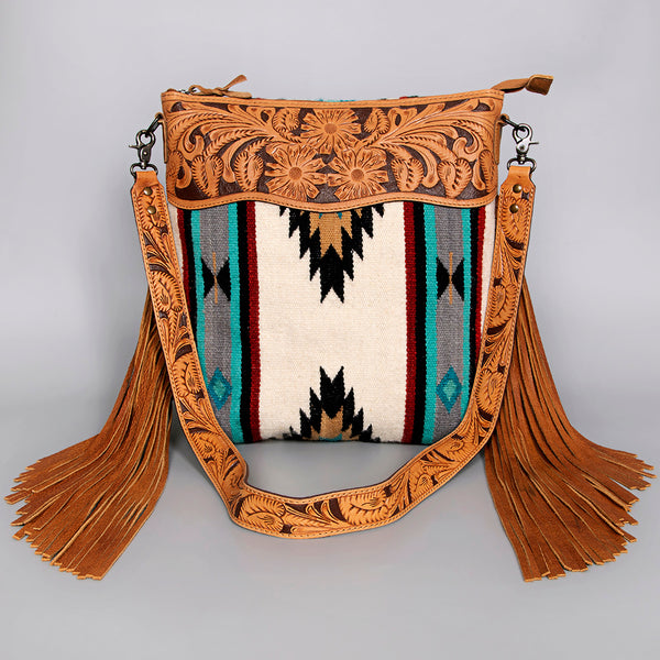 ADBG210 American Darling Large Cross body Bag - Hand Tooled Leather & Woven Saddle Blanket with Fringes