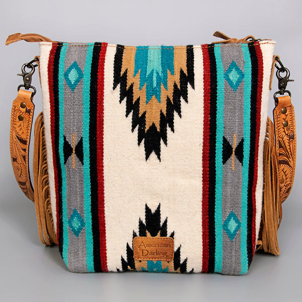 ADBG210 American Darling Large Cross body Bag - Hand Tooled Leather & Woven Saddle Blanket with Fringes