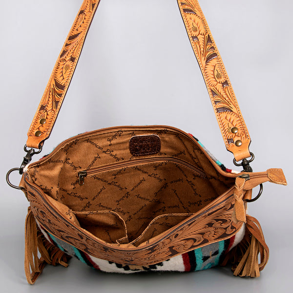 ADBG210 American Darling Large Cross body Bag - Hand Tooled Leather & Woven Saddle Blanket with Fringes