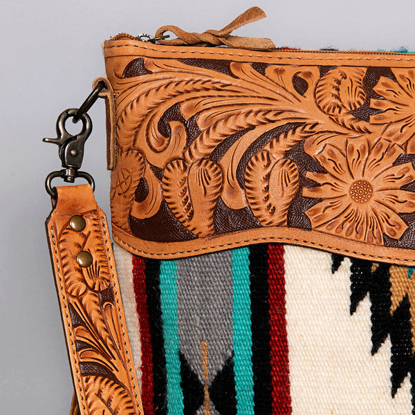 ADBG210 American Darling Large Cross body Bag - Hand Tooled Leather & Woven Saddle Blanket with Fringes