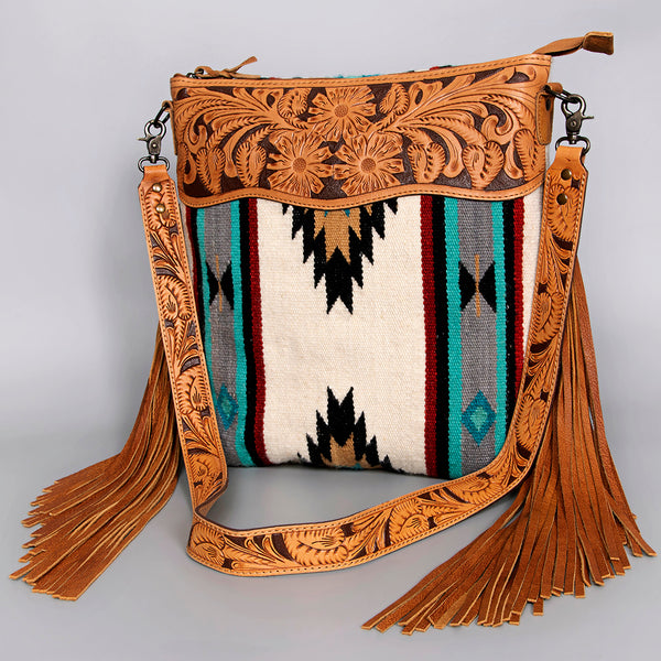 ADBG210 American Darling Large Cross body Bag - Hand Tooled Leather & Woven Saddle Blanket with Fringes