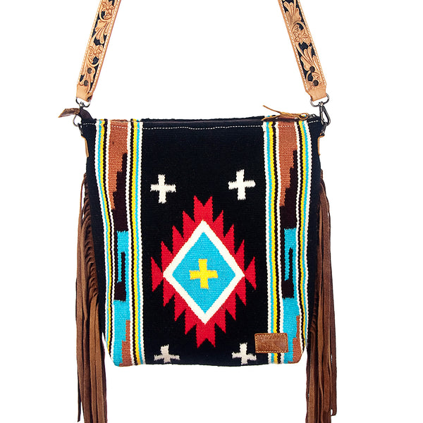ADBG223 American Darling Large Cross body Bag - Hand Tooled Leather & Woven Saddle Blanket