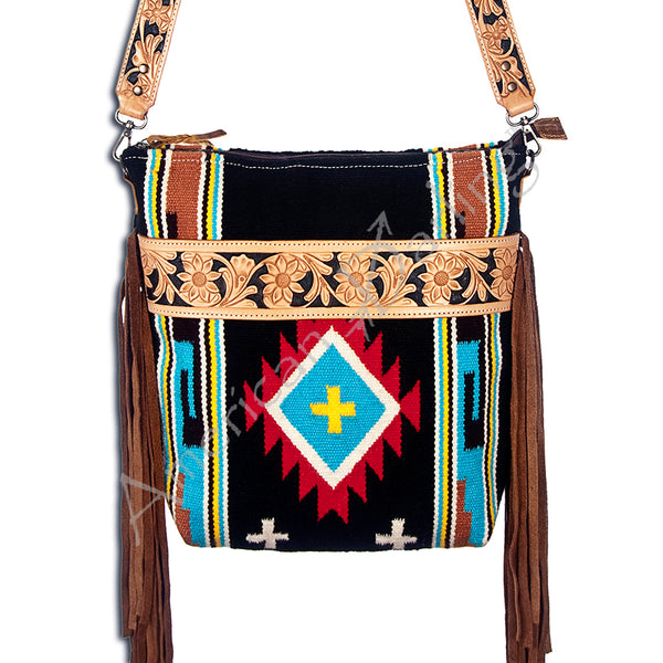 ADBG223 American Darling Large Cross body Bag - Hand Tooled Leather & Woven Saddle Blanket