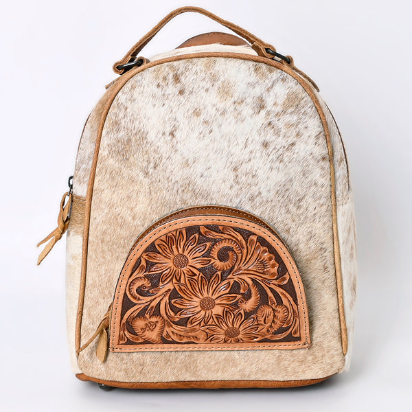 ADBGS156 Natural Cowhide Leather Backpack with Hand-Tooled Floral Pocket - Western Style