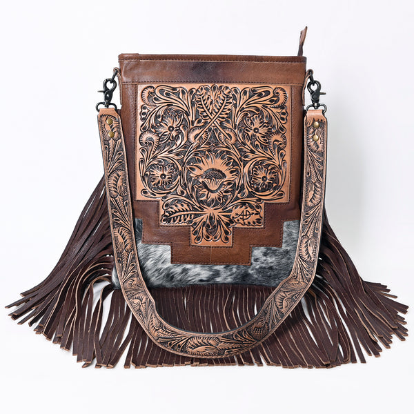 ADBG256 American Darling Messenger Bag - Hand Tooled Floral Leather & Hair-On Cowhide Purse