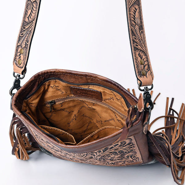 ADBG256 American Darling Messenger Bag - Hand Tooled Floral Leather & Hair-On Cowhide Purse