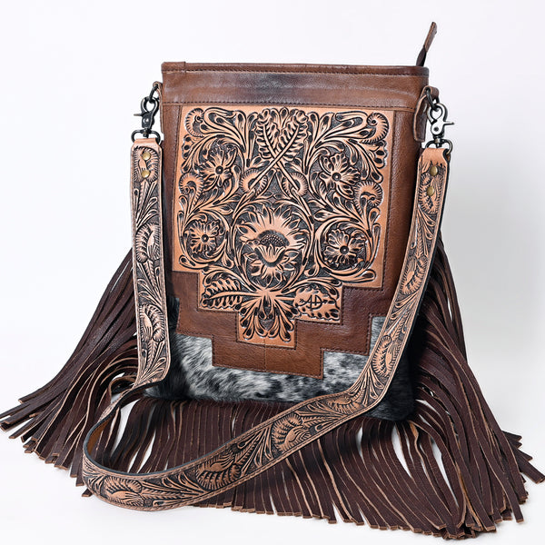 ADBG256 American Darling Messenger Bag - Hand Tooled Floral Leather & Hair-On Cowhide Purse