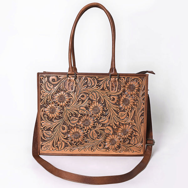 ADBG387BR American Darling Hand-Tooled Genuine Leather Tote with Floral Artisan Detail