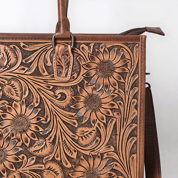 ADBG387BR American Darling Hand-Tooled Genuine Leather Tote with Floral Artisan Detail