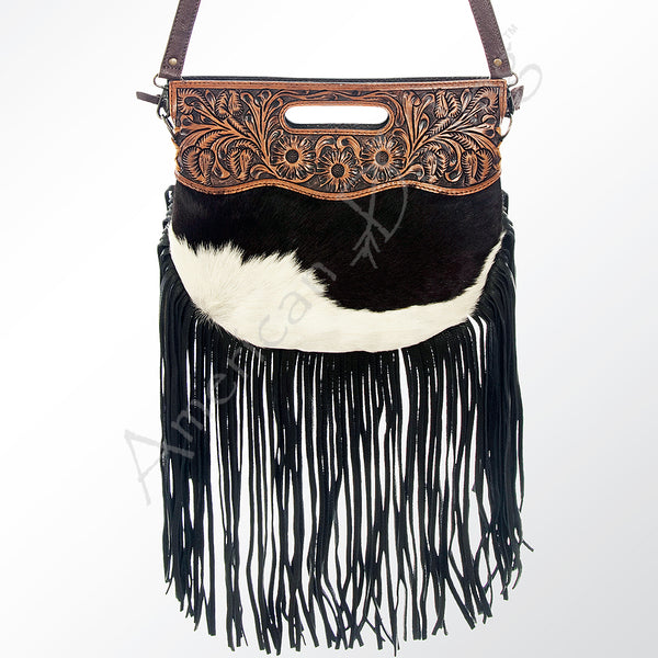 ADBG345 American Darling Western Leather Clutch Bag with Hand Tooled Floral Carving and Fringes