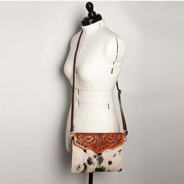ADBG405 Luxury Hair on Hide Envelope Bag with Intricate Hand-Tooled Leather Details