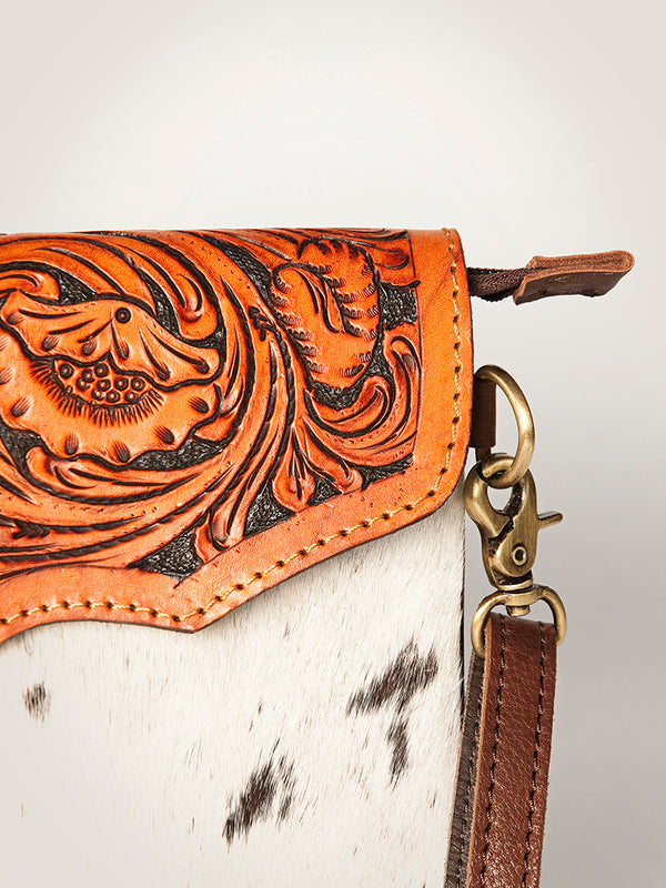 ADBG405 Luxury Hair on Hide Envelope Bag with Intricate Hand-Tooled Leather Details