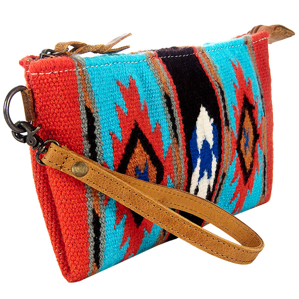 ADBG344 Southwestern Wool Wristlet Clutch with Tribal Pattern and Leather Strap