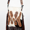 ADBG393 White & Black Cowhide Crossbody Bag with Tooled Leather Saddle Flap Accents and Fringe