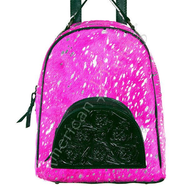ADBGS156 Natural Cowhide Leather Backpack with Hand-Tooled Floral Pocket - Western Style