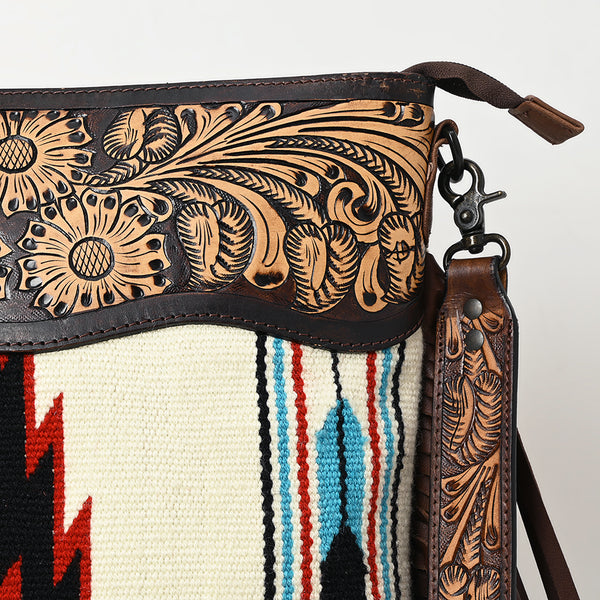 ADBGZ104 Southwestern Woven Crossbody Bag with Tooled Leather & Fringe