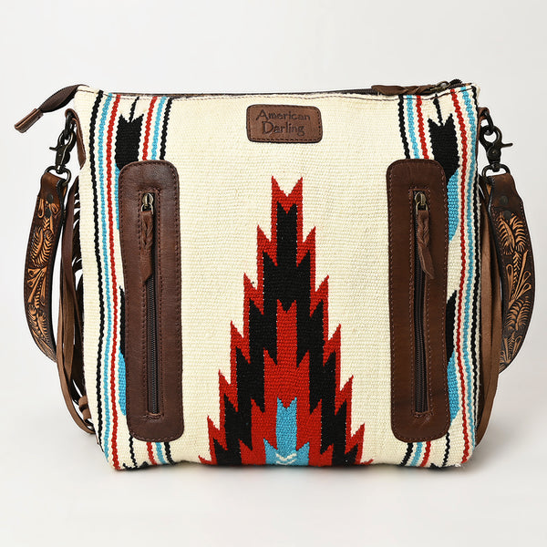 ADBGZ104 Southwestern Woven Crossbody Bag with Tooled Leather & Fringe