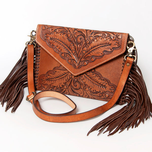 ADBG480 Authentic Hand-Tooled Genuine Leather Envelope Crossbody with Fringe Detail