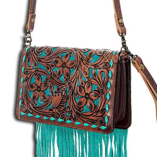 ADBG485BRTRQI Western Floral Tooled Leather Organizer Bag Wristlet by American Darling