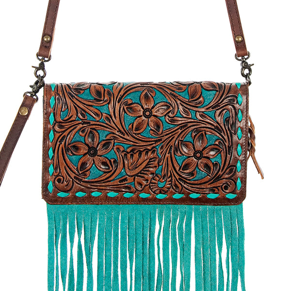 ADBG485BRTRQI Western Floral Tooled Leather Organizer Bag Wristlet by American Darling