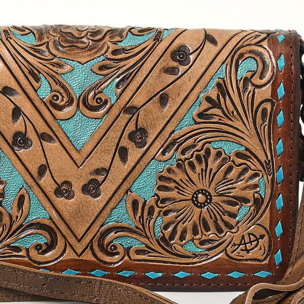 ADBG485 Western Hand Tooled Leather Floral Crossbody Organiser Bag