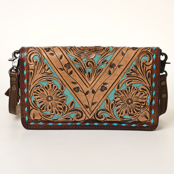 ADBG485 Western Hand Tooled Leather Floral Crossbody Organiser Bag