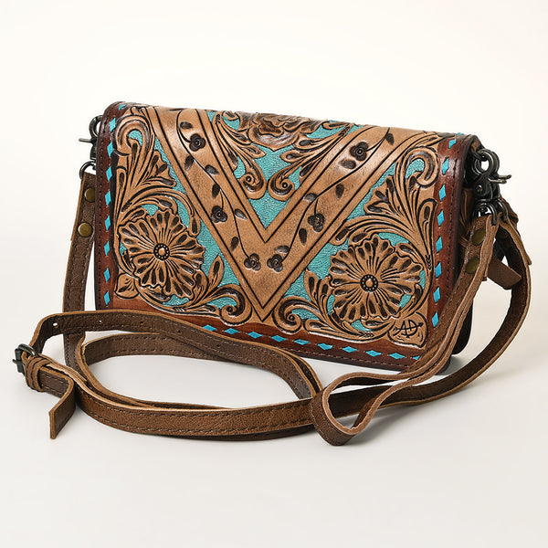 ADBG485 Western Hand Tooled Leather Floral Crossbody Organiser Bag