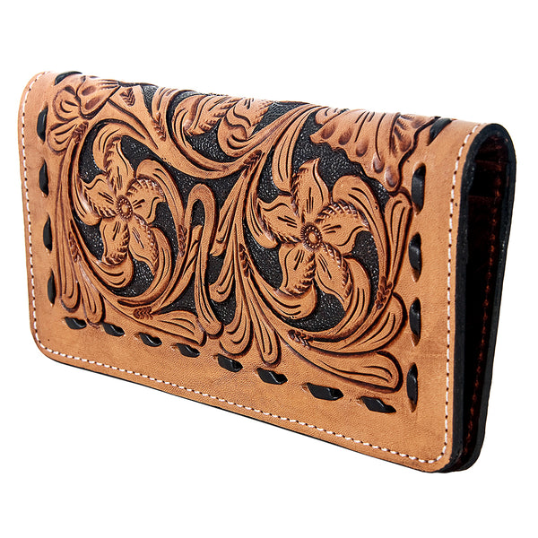 ADBG488 Artisan Genuine Leather Clutch with Tooled Floral Patterns and Braided Trim