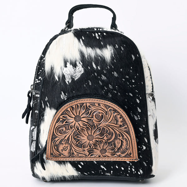 ADBGS156 Genuine Cowhide Leather Backpack with Hand-Tooled Floral Patch - Western Rodeo Style