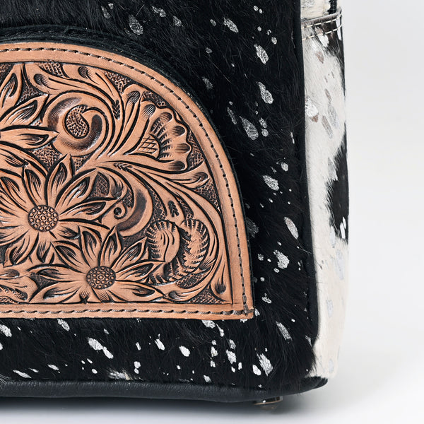 ADBGS156 Genuine Cowhide Leather Backpack with Hand-Tooled Floral Patch - Western Rodeo Style