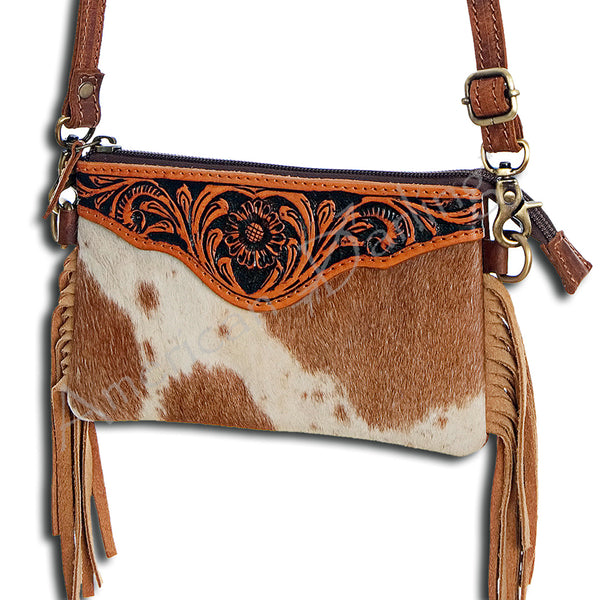 ADBG404 Cowhide Crossbody Bag with Tooled Leather Floral Yoke & Fringe
