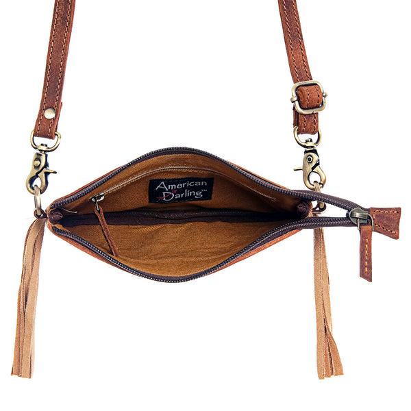 ADBG404 Cowhide Crossbody Bag with Tooled Leather Floral Yoke & Fringe