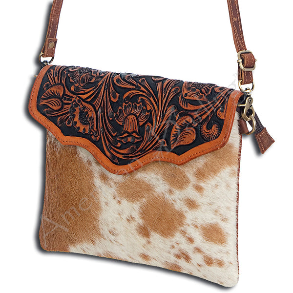 ADBG405 Luxury Hair on Hide Envelope Bag with Intricate Hand-Tooled Leather Details